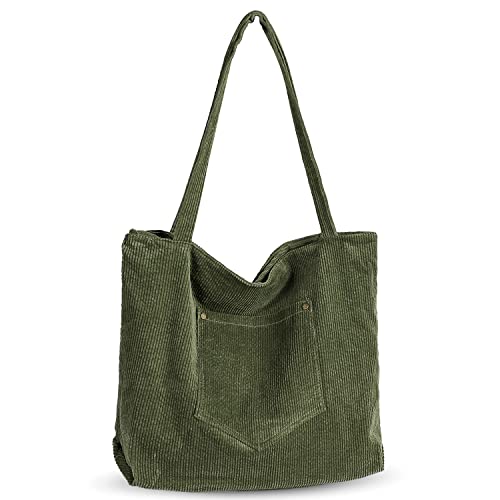 Etercycle Corduroy Tote Bag, Casual Shoulder Bag for Women Big Capacity shopping Handbags Work Tote Bag with Zipper Pockets (Green)