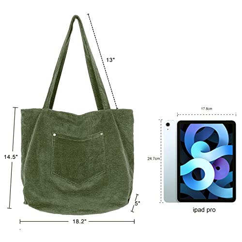 Etercycle Corduroy Tote Bag, Casual Shoulder Bag for Women Big Capacity shopping Handbags Work Tote Bag with Zipper Pockets (Green)