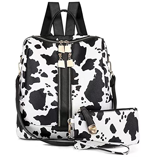 ENYIWH Women Fashion 2 Pack With Backpack Purse Leather Shoulder Bag Travel Bag Handbag Casual Fashion Multipurpose Design Convertible Shoulder Bag Handbag with Wristlet (White Cow)