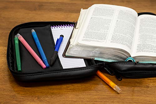 Dicksons Black Leather Like Reinforced Bible Cover Case with Handle and Stationary, Large