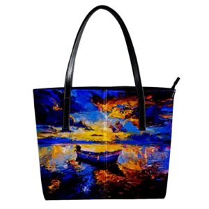 fashion leather handbags oil painting scenery tote bag with zipper for beach shopping school work travel business