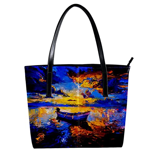 Fashion Leather Handbags Oil Painting Scenery Tote Bag With Zipper for Beach Shopping School Work Travel Business