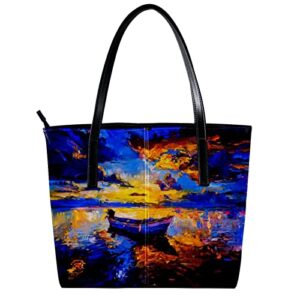 Fashion Leather Handbags Oil Painting Scenery Tote Bag With Zipper for Beach Shopping School Work Travel Business