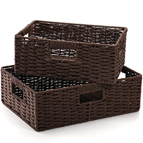 TOPZEA 2 Pack Wicker Basket for Shelves, Woven Shelf Basket Closet Storage Basket with Handle, Farmhouse Decorative Storage Bins Pantry Organization Basket for Home, Office, School