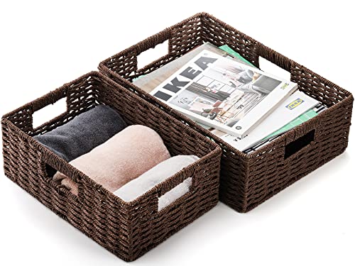 TOPZEA 2 Pack Wicker Basket for Shelves, Woven Shelf Basket Closet Storage Basket with Handle, Farmhouse Decorative Storage Bins Pantry Organization Basket for Home, Office, School