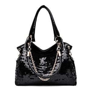 Women Patent Hobos Shiny Top-Handle Bags Chain Handbags Large Shoulder Bags for Ladies Sequin Purse (Patent BLack)