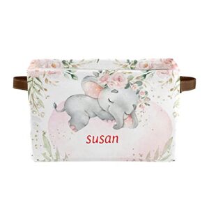 personalized pink flower elephant storage basket bin with name large storage cube box with handles for home office bedroom closet shelves(1 pack)