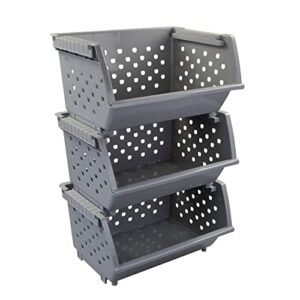 buyitt 3-pack plastic stackable storage baskets, stacking organizer bins, grey