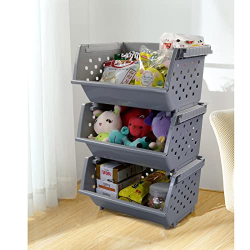 Buyitt 3-Pack Plastic Stackable Storage Baskets, Stacking Organizer Bins, Grey