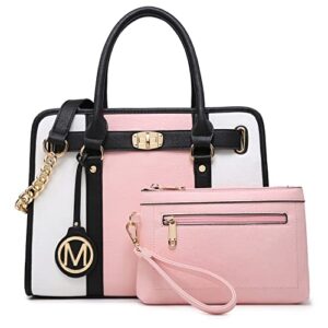 women fashion handbags top handle satchel purse shoulder bags work tote with matching clutch set 2pcs (pink/white)