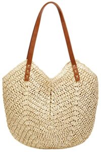 summer casual straw tote bag large capacity woven shoulder handbag for summer beach vocation (a-beige)