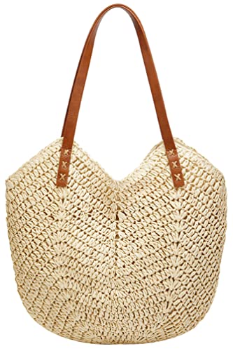 Summer Casual Straw Tote Bag Large Capacity Woven Shoulder Handbag for Summer Beach Vocation (A-beige)