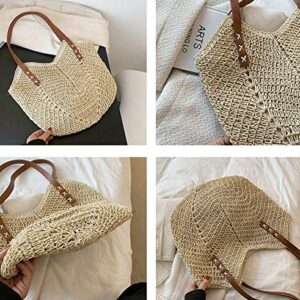 Summer Casual Straw Tote Bag Large Capacity Woven Shoulder Handbag for Summer Beach Vocation (A-beige)