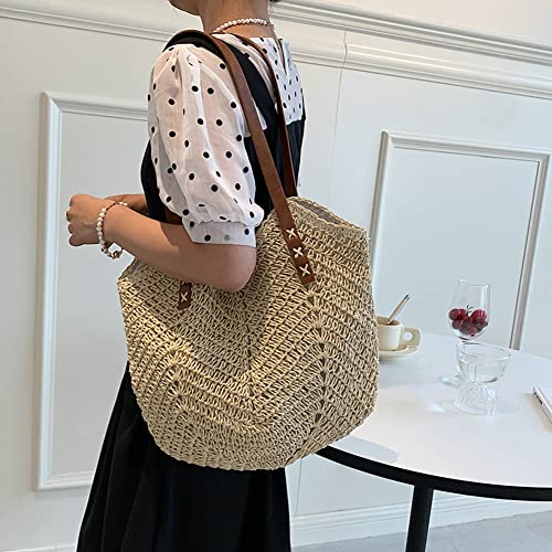 Summer Casual Straw Tote Bag Large Capacity Woven Shoulder Handbag for Summer Beach Vocation (A-beige)