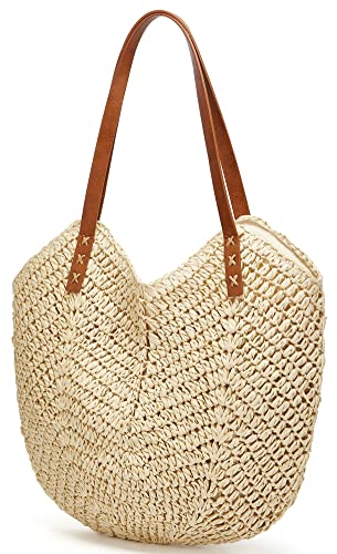 Summer Casual Straw Tote Bag Large Capacity Woven Shoulder Handbag for Summer Beach Vocation (A-beige)
