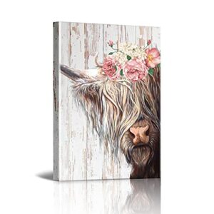 Cute Highland Cow Country Farmhouse Canvas Printing Rustic Bedroom Decor Retro Cow With Garland Wall Art Funny Home Artwork Print Used in Bathroom Office Kitchen Dining Room Decoration Size 12x16 inch