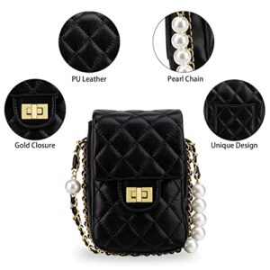Anna&Yoyo Crossbody Phone Purse, Small Cell Phone Crossbody Bag, Leather Shoulder Bag Quilted Purse with Pearls Chain for Women Girls