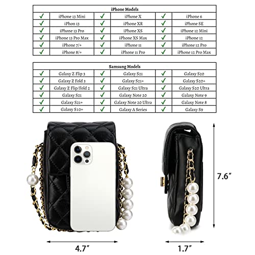 Anna&Yoyo Crossbody Phone Purse, Small Cell Phone Crossbody Bag, Leather Shoulder Bag Quilted Purse with Pearls Chain for Women Girls