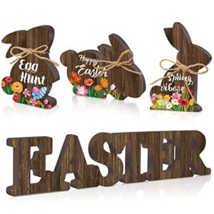 4 pcs easter table decorations easter bunny signs wooden bunny decor easter word sign rustic farmhouse rabbit tiered tray decor spring sign for home party decoration (flower bunny style)