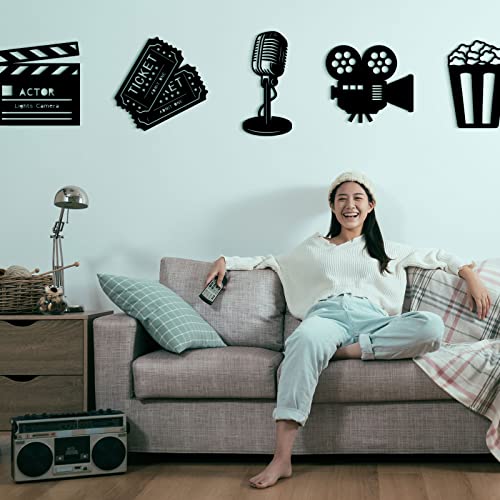 5 Pieces Movie Theater Decor Wooden Home Theater Room Decor Cinema Wall Art Movie Reel Theater Action Popcorn Ticket Sign Movie Night Decor Theme Party Decorations for Home Bedroom Office Studio