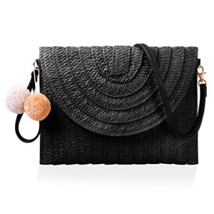 reavor straw clutch purse, straw handbags for summer 2022, beach bags for women, black