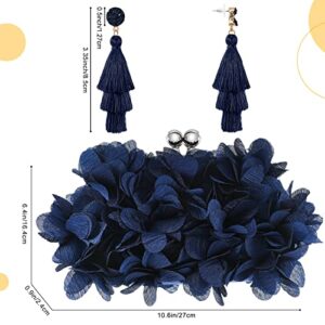 Clutch Evening Bags Satin Floral Appliques Clutch Purses Bohemian Tiered Earring for Women Prom Layered Tassel Earrings (Navy Blue)