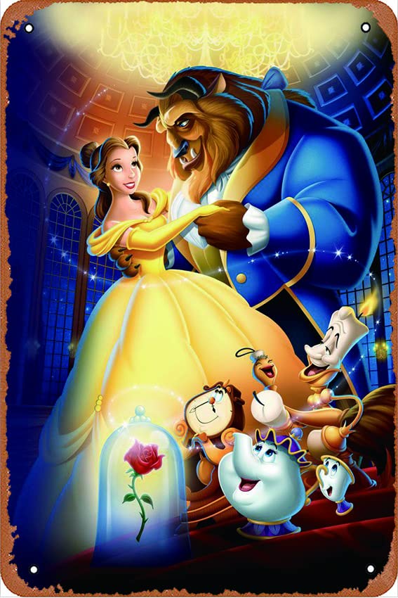 Shvieiart Beauty and the Beast (1991) Movie Poster Vintage Metal Tin Sign ,Wall Decor For Bars,Coffee Bar Decor,Home Wall Decor 12X8 Inch