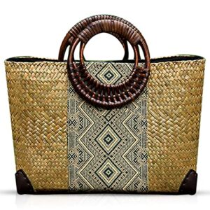 qtkj straw bag, summer beach handmade rattan tote bag, large straw woven handbag, boho retro rattan bag for women vacation beach travel (natural)