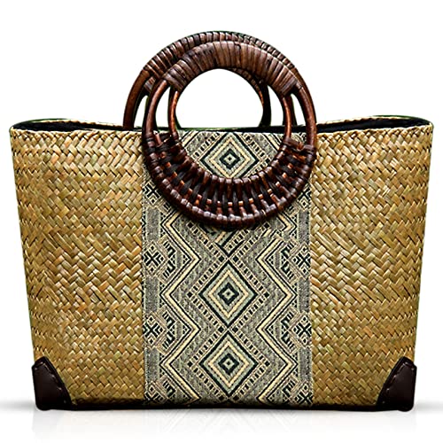 QTKJ Straw Bag, Summer Beach Handmade Rattan Tote Bag, Large Straw Woven Handbag, Boho Retro Rattan Bag for Women Vacation Beach Travel (Natural)