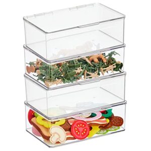 mdesign plastic playroom and gaming storage organizer box containers with hinged lid for shelves or cubbies, holds small toys, building blocks, puzzles, markers, controllers, or crayons, 4 pack, clear