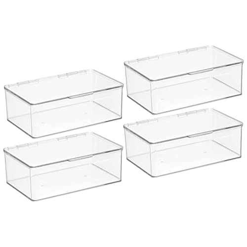 mDesign Plastic Playroom and Gaming Storage Organizer Box Containers with Hinged Lid for Shelves or Cubbies, Holds Small Toys, Building Blocks, Puzzles, Markers, Controllers, or Crayons, 4 Pack, Clear