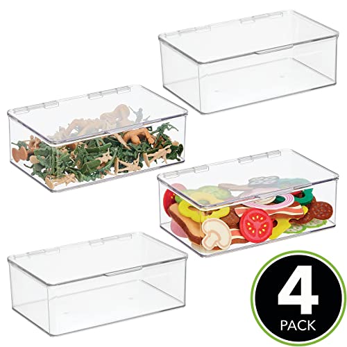 mDesign Plastic Playroom and Gaming Storage Organizer Box Containers with Hinged Lid for Shelves or Cubbies, Holds Small Toys, Building Blocks, Puzzles, Markers, Controllers, or Crayons, 4 Pack, Clear