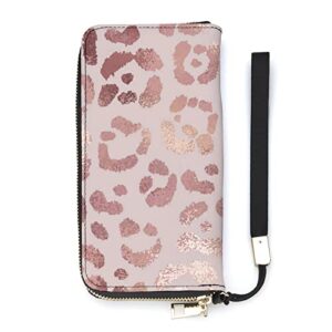hon-lally rose gold leopard pattern wristlet wallets for women girls men leather ladies long clutch purse zip around card key phone holder, 20×10.5cm