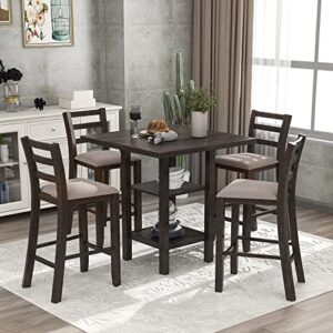 merax 5-piece counter height dining table set for 4, farmhouse kitchen table set dinette set included 2-tier storage shelves and 4 padded chairs