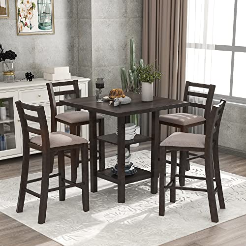 Merax 5-Piece Counter Height Dining Table Set for 4, Farmhouse Kitchen Table Set Dinette Set Included 2-Tier Storage Shelves and 4 Padded Chairs