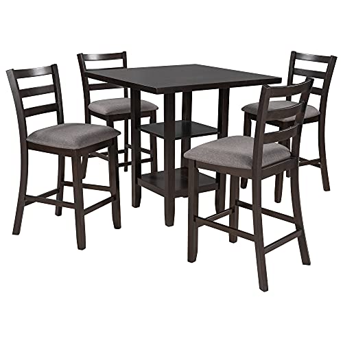 Merax 5-Piece Counter Height Dining Table Set for 4, Farmhouse Kitchen Table Set Dinette Set Included 2-Tier Storage Shelves and 4 Padded Chairs