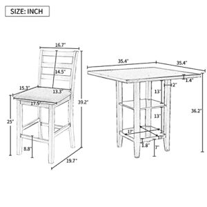 Merax 5-Piece Counter Height Dining Table Set for 4, Farmhouse Kitchen Table Set Dinette Set Included 2-Tier Storage Shelves and 4 Padded Chairs