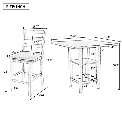 Merax 5-Piece Counter Height Dining Table Set for 4, Farmhouse Kitchen Table Set Dinette Set Included 2-Tier Storage Shelves and 4 Padded Chairs