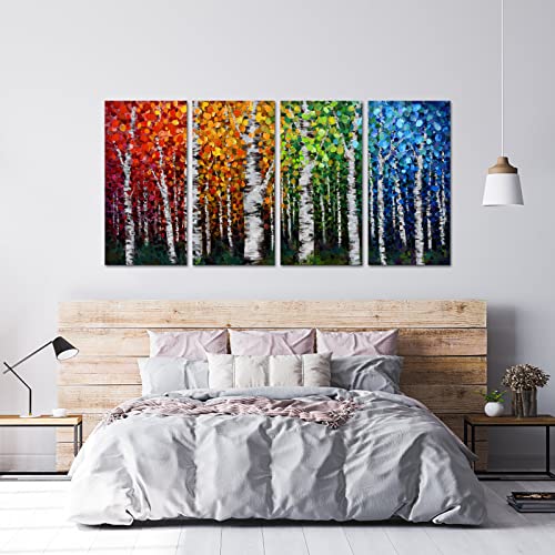 4pcs Large 4 Seasons Canvas Birch Tree Wall Art Modern Branches Oil Painting Falls Leaves Picture Landscape Prints Framed for Bathroom Living Room Bedroom Home Office Decor Each Panel 16x32inch (Large)