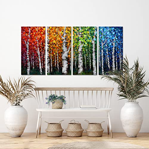 4pcs Large 4 Seasons Canvas Birch Tree Wall Art Modern Branches Oil Painting Falls Leaves Picture Landscape Prints Framed for Bathroom Living Room Bedroom Home Office Decor Each Panel 16x32inch (Large)