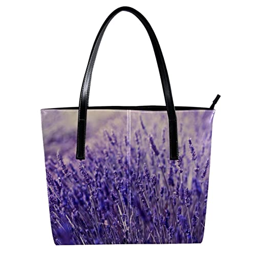 Beautiful Provence Lavender Pattern Leather Tote Shoulder Bag for Women Satchel Handbag