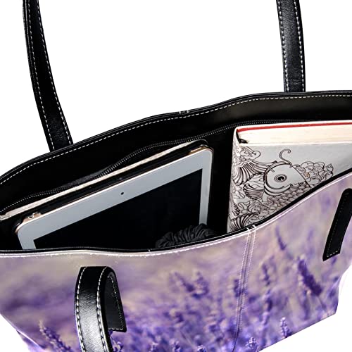 Beautiful Provence Lavender Pattern Leather Tote Shoulder Bag for Women Satchel Handbag