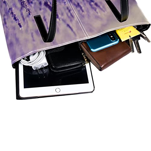 Beautiful Provence Lavender Pattern Leather Tote Shoulder Bag for Women Satchel Handbag