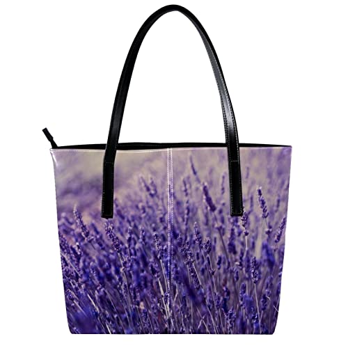 Beautiful Provence Lavender Pattern Leather Tote Shoulder Bag for Women Satchel Handbag