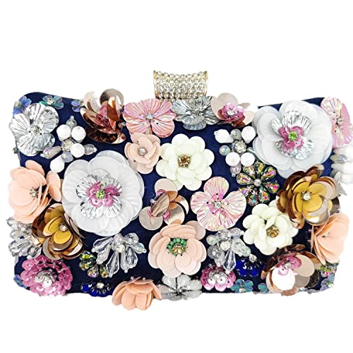 Boutique De FGG Evening Clutch Bag for Women Floral Evening Bags Wedding Party Chain Shoulder handbags Flower Clutch Purse (Blue#0796)