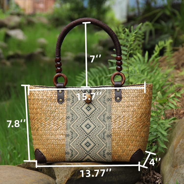 QTKJ Straw Bag for Women, Summer Beach Handmade Rattan Tote Bag, Boho Retro Straw Woven Handbag, Large Beach Vacation Bag (Natural)