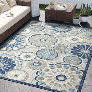 abani contemporary design 4′ x 6′ blue & grey floral area rug rugs – unique non-shed modern flower print indoor/outdoor rug