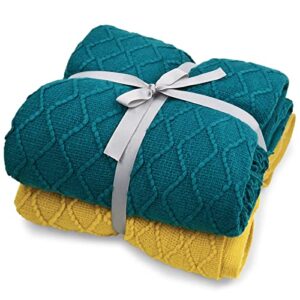 knitted- throw- blanket- set- soft- small blanket for chair 2 colors 2 piece covers for sofa, couch and bed use, 100% acrylic warm blanket 50 x 60 inches, yellow and peacock green