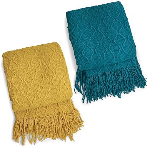 Knitted- Throw- Blanket- Set- Soft- Small Blanket for Chair 2 Colors 2 Piece Covers for Sofa, Couch and Bed Use, 100% Acrylic Warm Blanket 50 x 60 Inches, Yellow and Peacock Green