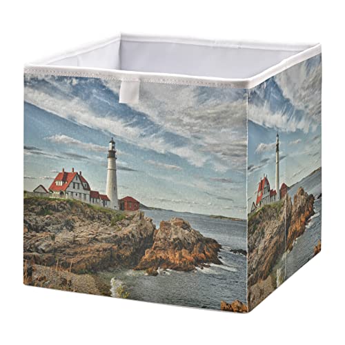 KEEPREAL Cape Elizabeth Lighthouse Basket Bin Large Storage Basket Toy Basket Cube Storage Basket Clothes Basket Decorative Basket for Home Office